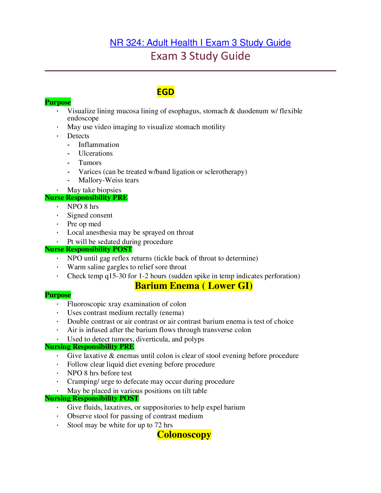 Preview of NR324 / NR 324: Adult Health I Exam 3 Study Guide (Latest 2021 / 2022) Chamberlain College